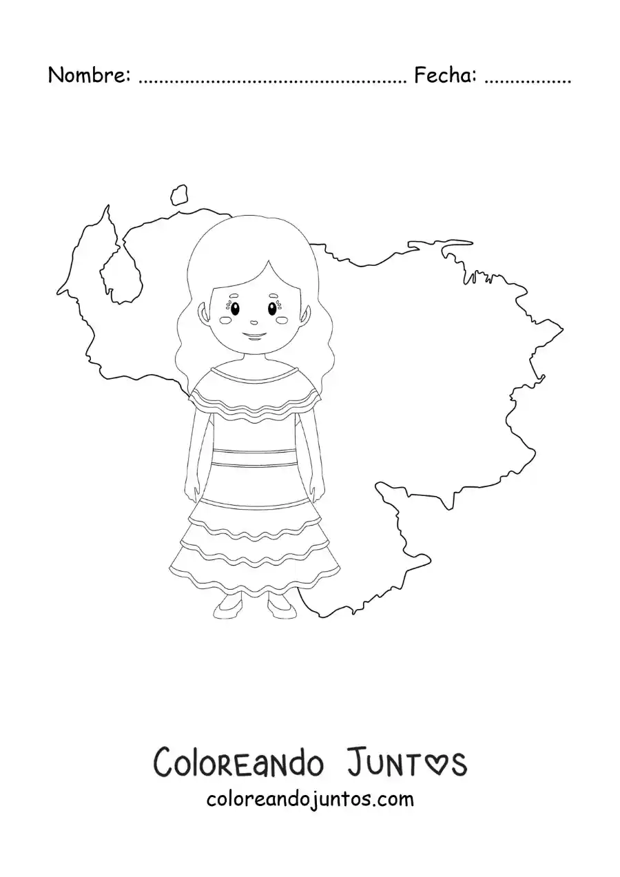 Imagen para colorear de niña con vestimenta tradicional y el mapa de venezuela