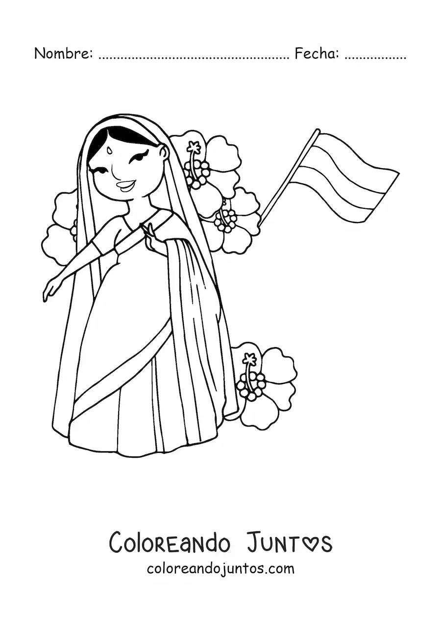 Imagen para colorear de mujer de la india con la bandera