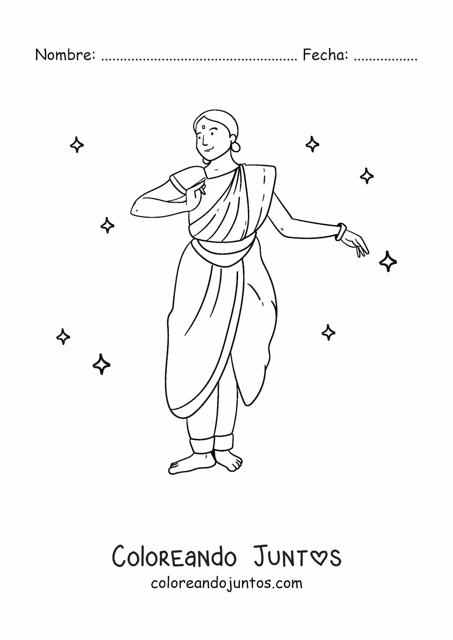 Imagen para colorear de chica hindú bailando con traje tradicional