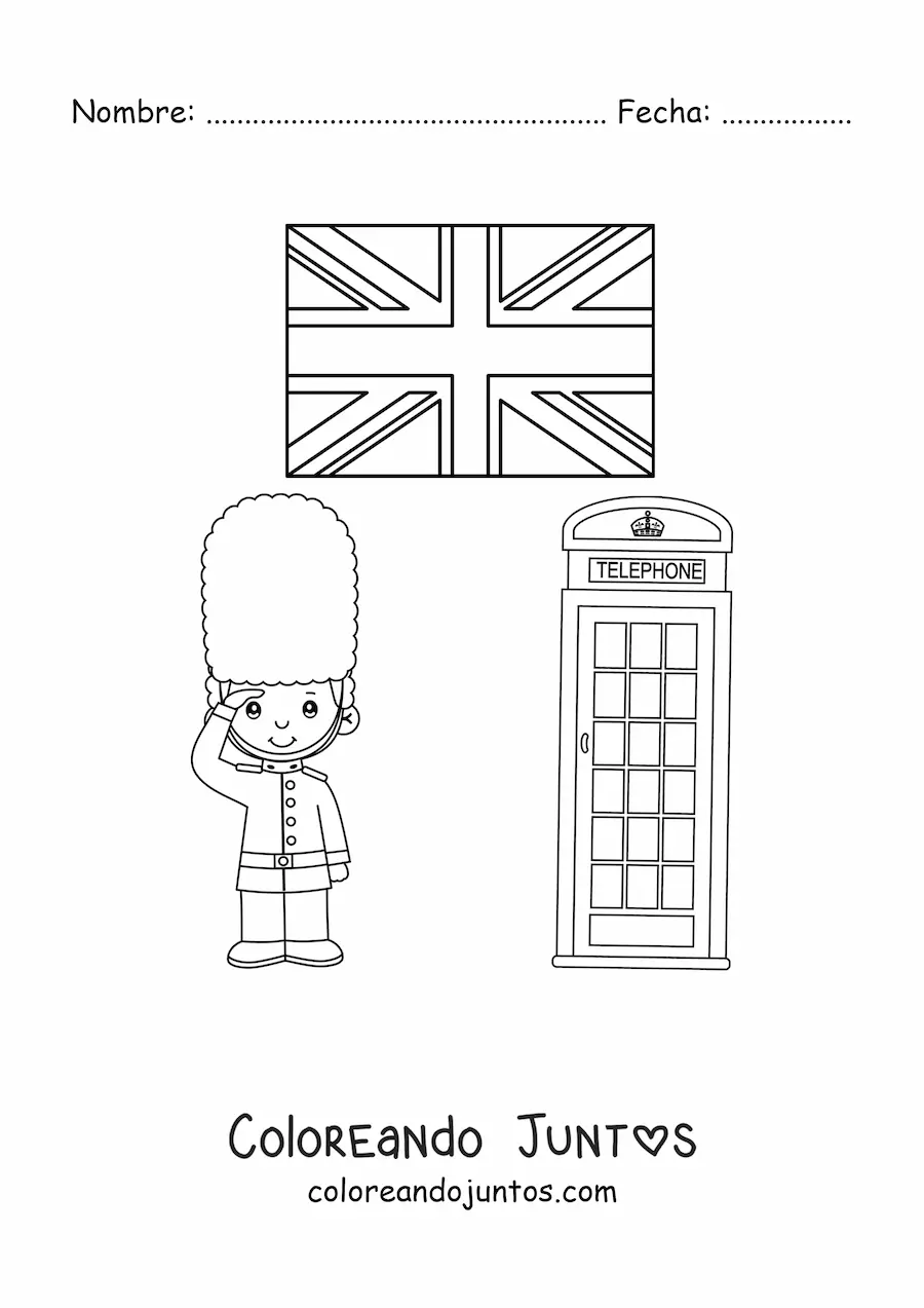 Imagen para colorear de guardia real animado con la bandera del reino unido y una cabina telefónica