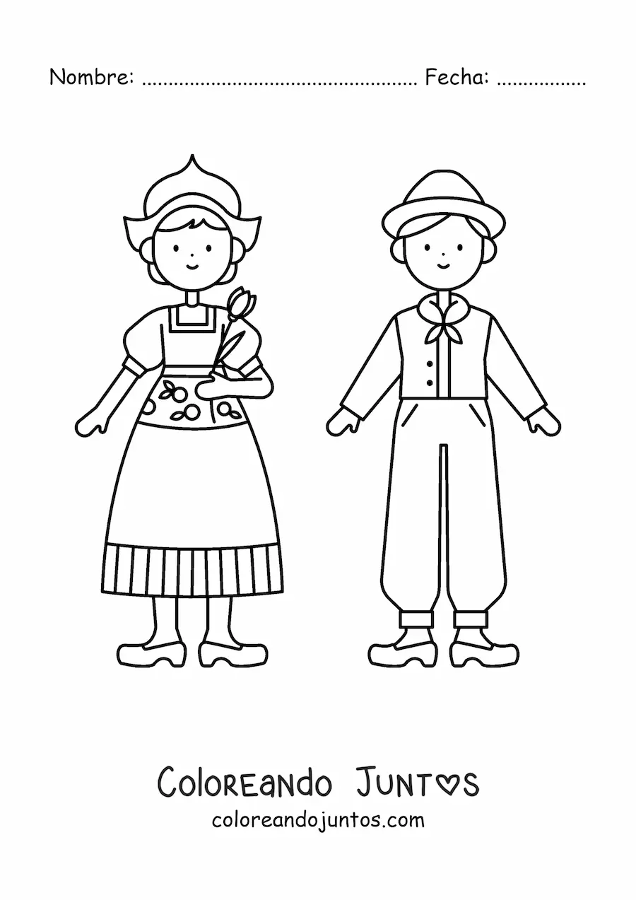 Imagen para colorear de pareja con traje típico de los países bajos