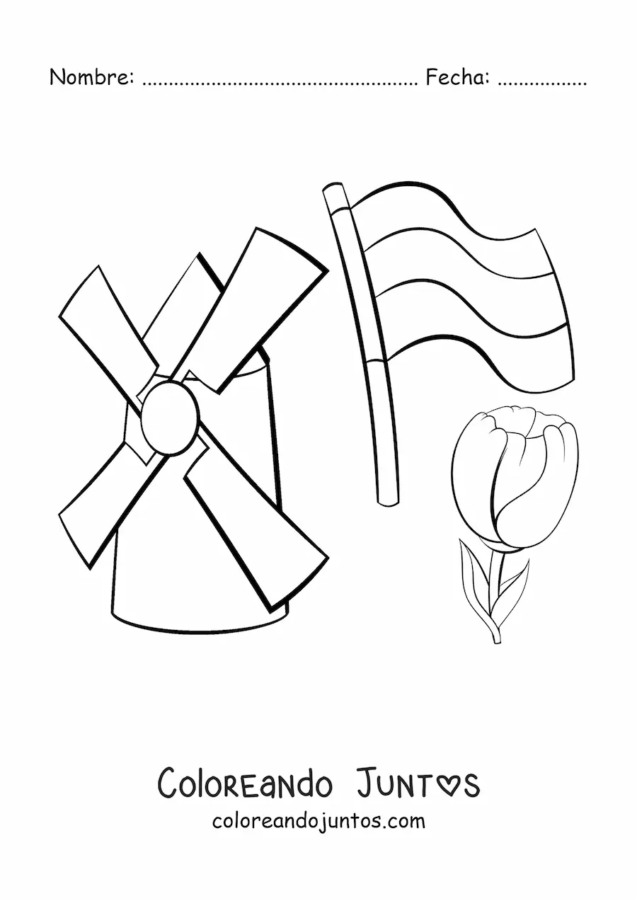 Imagen para colorear de molino con bandera de los países bajos y un tulipán