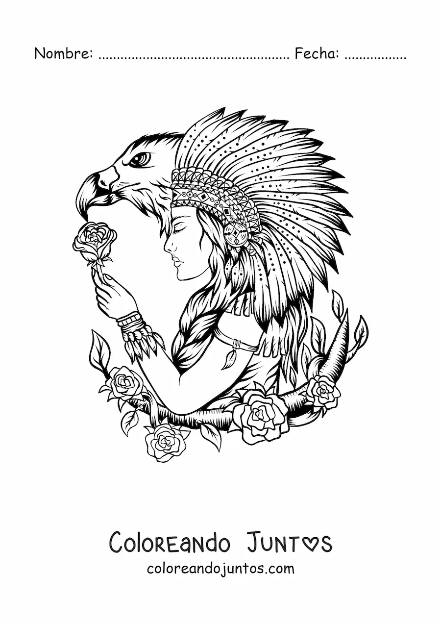 Imagen para colorear de indígena de tribu nativa americana con penacho de plumas y un águila