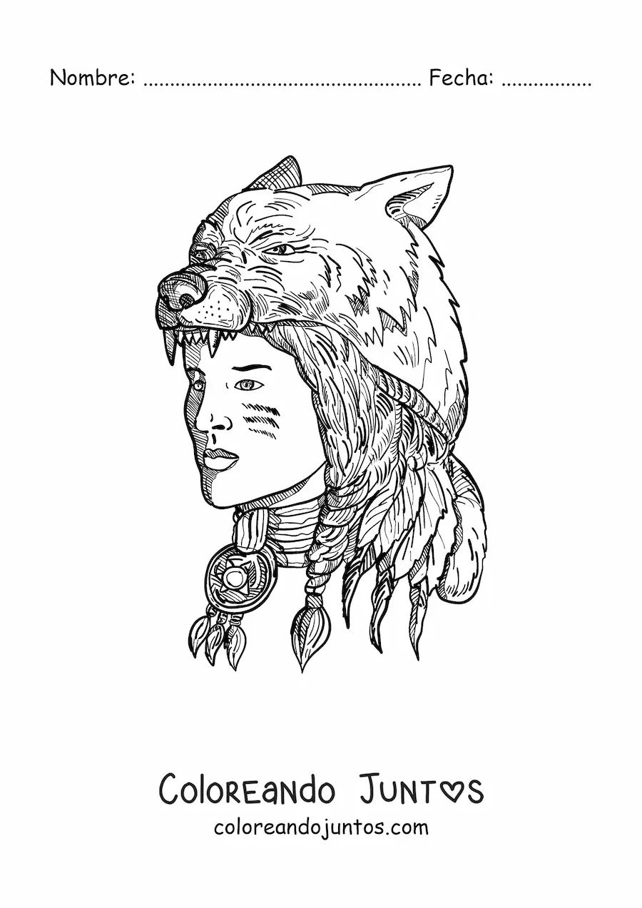 Imagen para colorear de indígena de tribu nativa americana realista con piel de oso