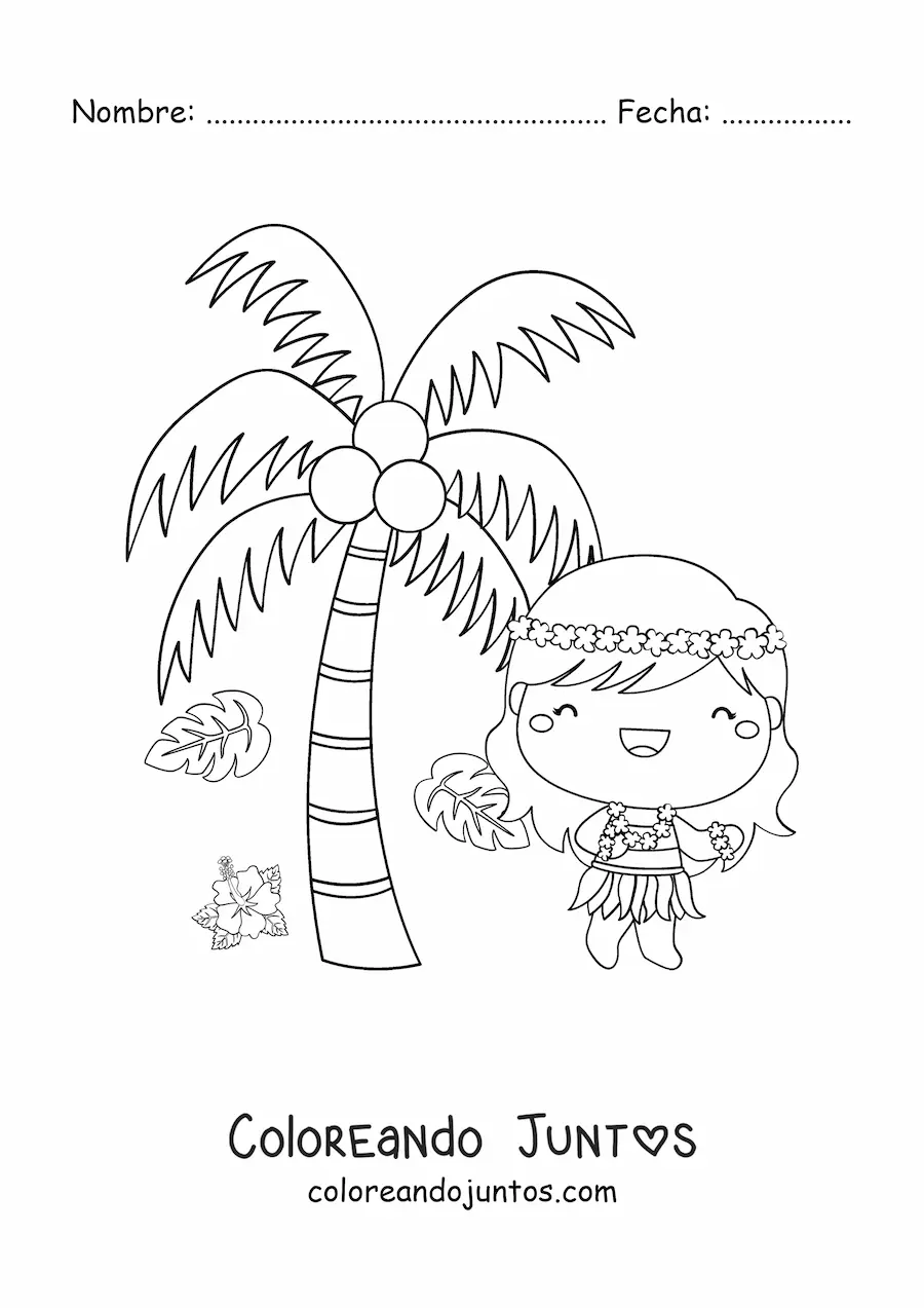 Imagen para colorear de bailarina de hula animada kawaii junto a una palmera