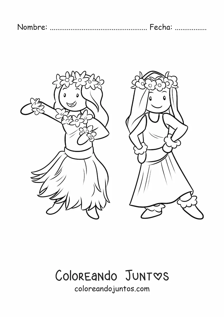 Imagen para colorear de niñas bailarinas de hula