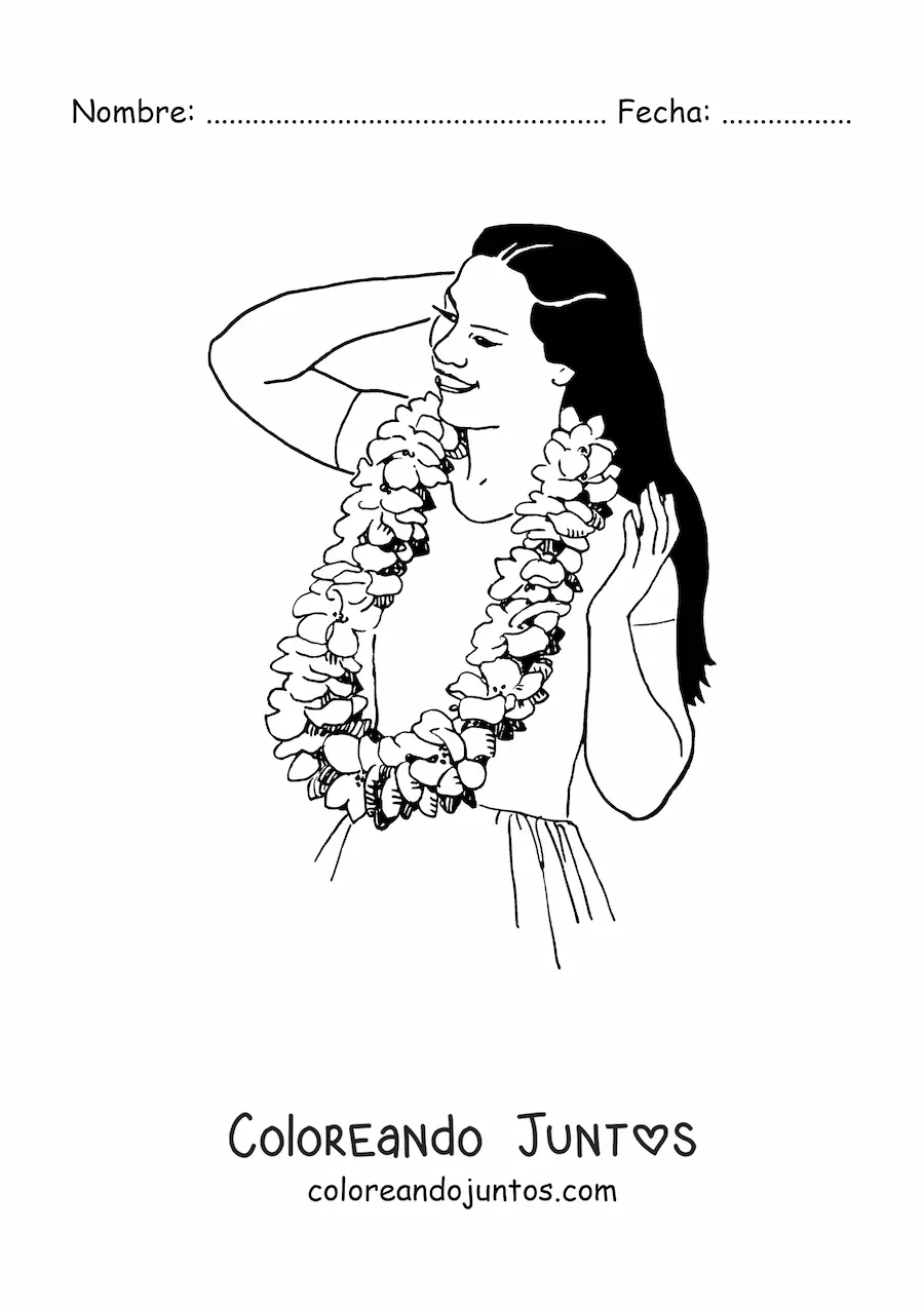 Imagen para colorear de chica en fiesta hawaiana con collar de flores