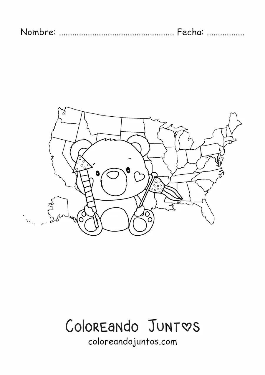 Imagen para colorear de oso animado kawaii con la bandera y el mapa de estados unidos
