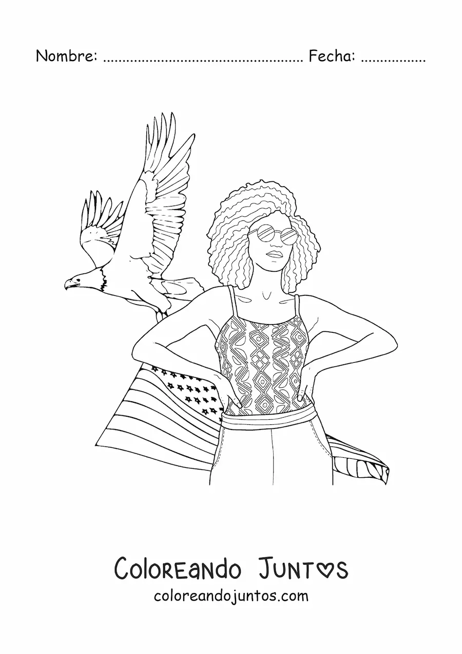 Imagen para colorear de chica estadounidense con la bandera y un águila