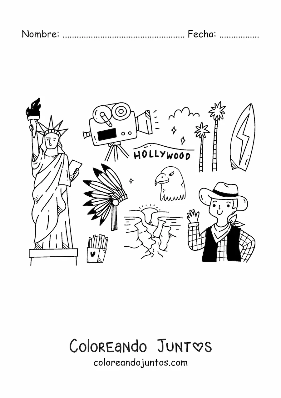 Imagen para colorear de estatua de la libertad y símbolos de la cultura estadounidense