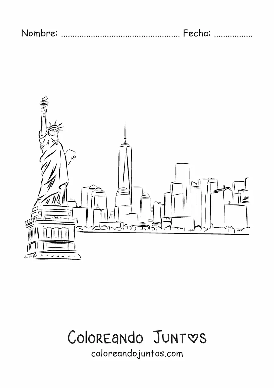 Imagen para colorear de paisaje de nueva york con la estatua de la libertad