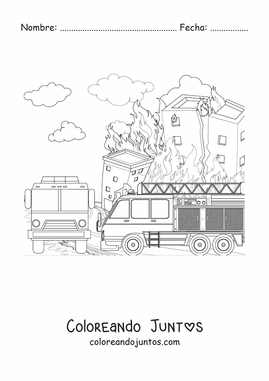 Imagen para colorear de un camión de bomberos en un gran incendio