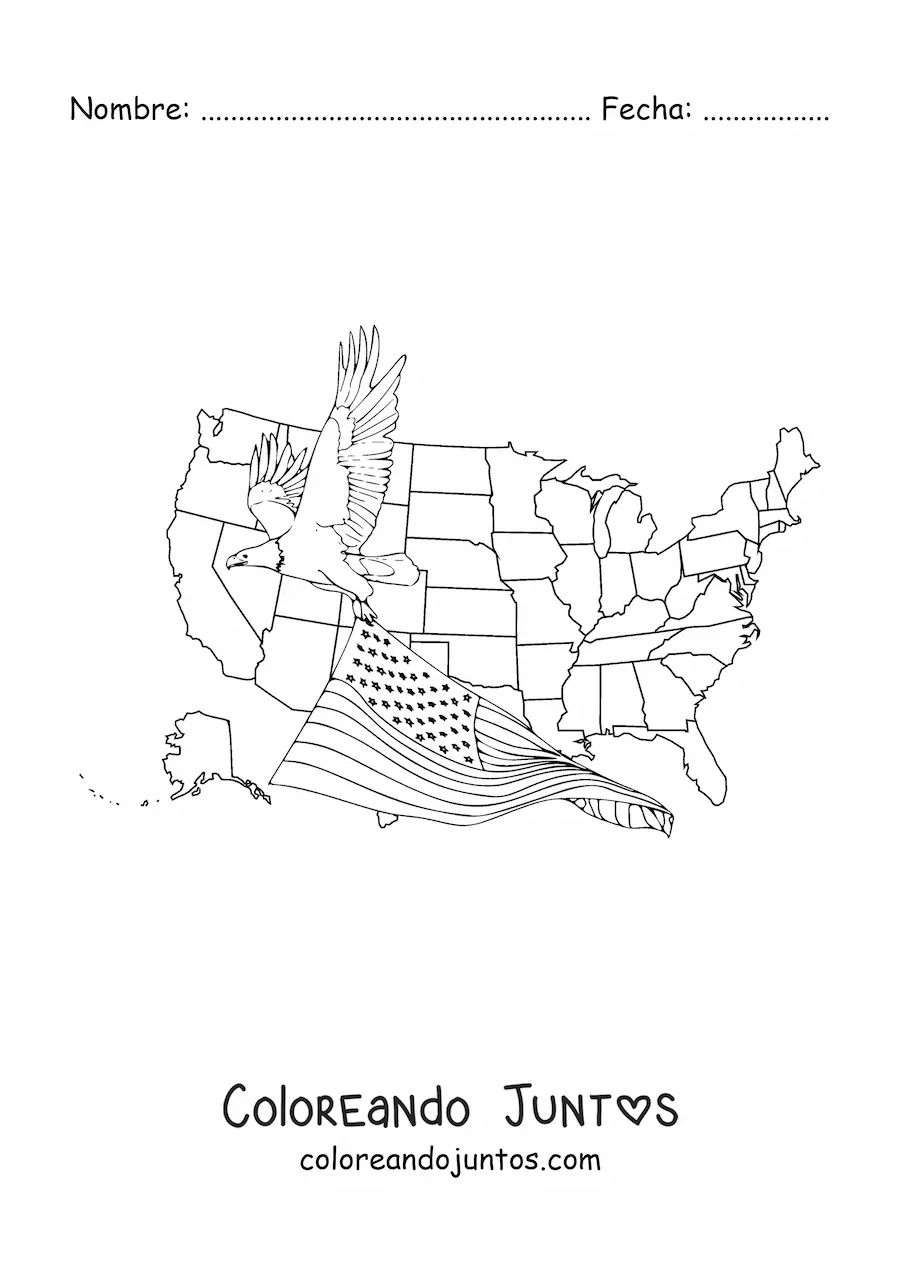 Imagen para colorear de águila sosteniendo la bandera americana con el mapa de los estados unidos