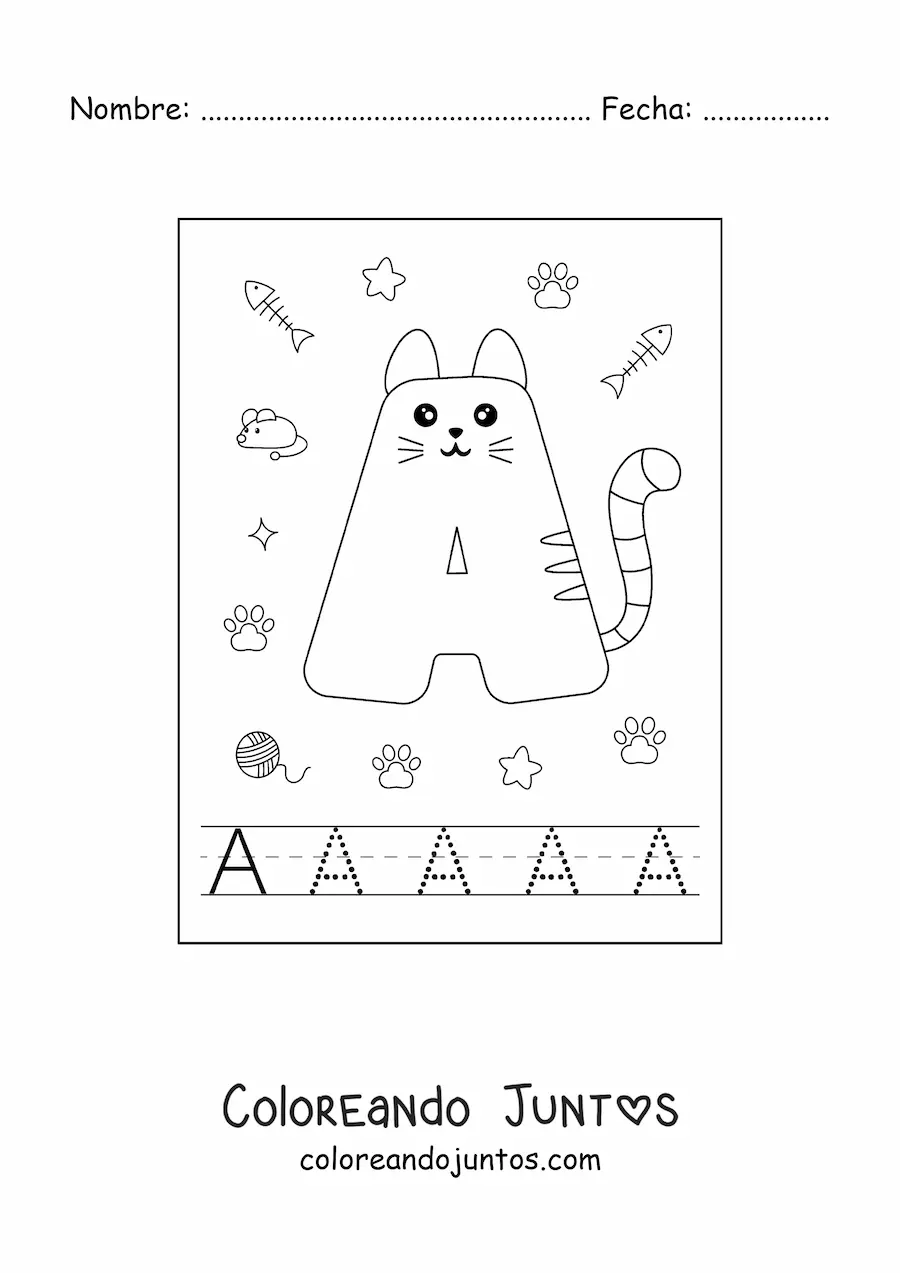 Imagen para colorear de la letra a animada con forma de gato