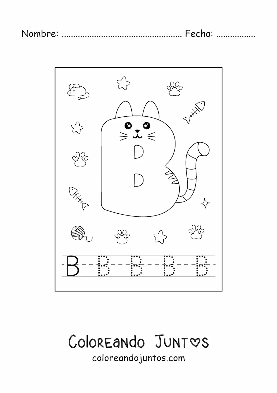 Imagen para colorear de la letra b animada con forma de gato
