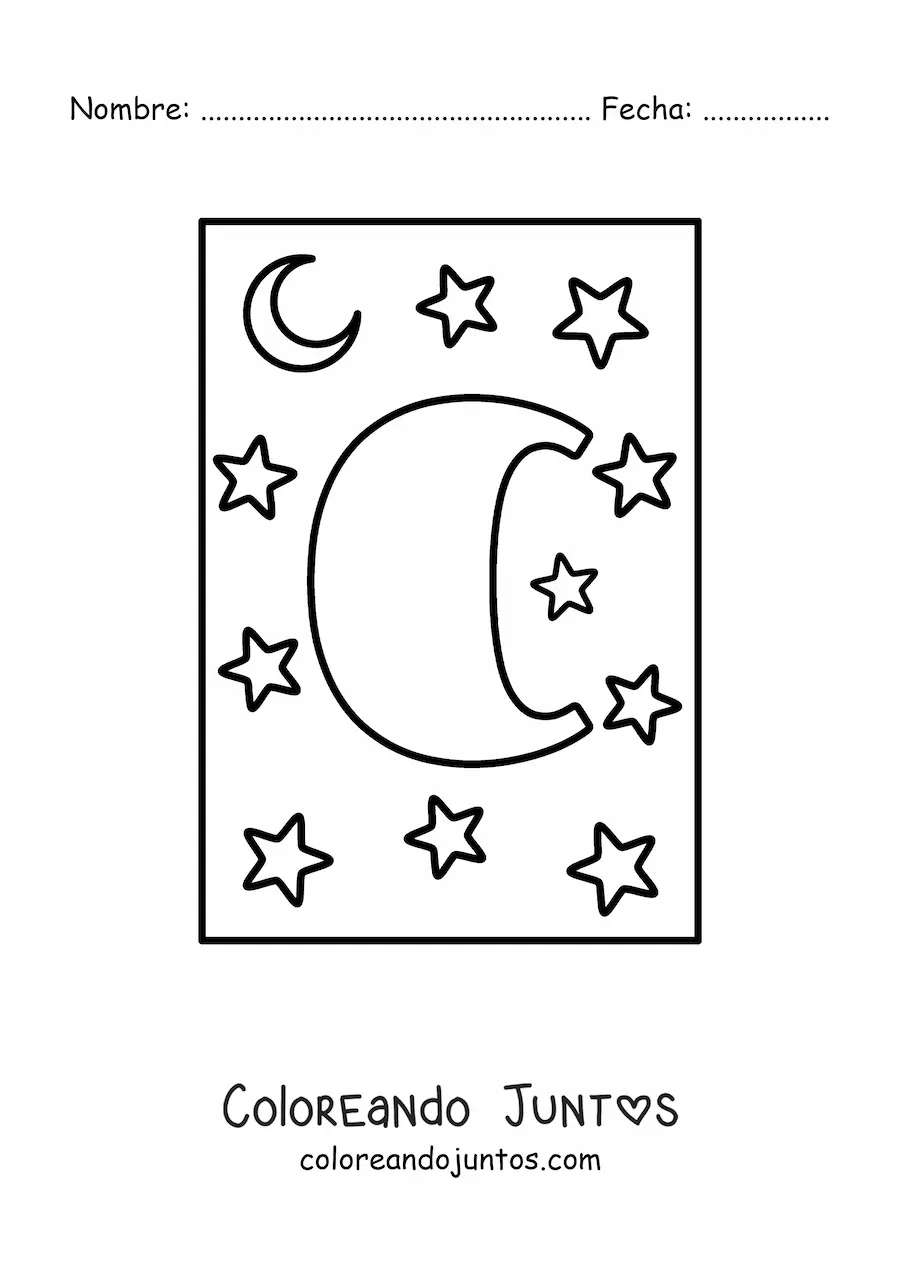 Imagen para colorear de letra c mayúscula con estrellas y una luna