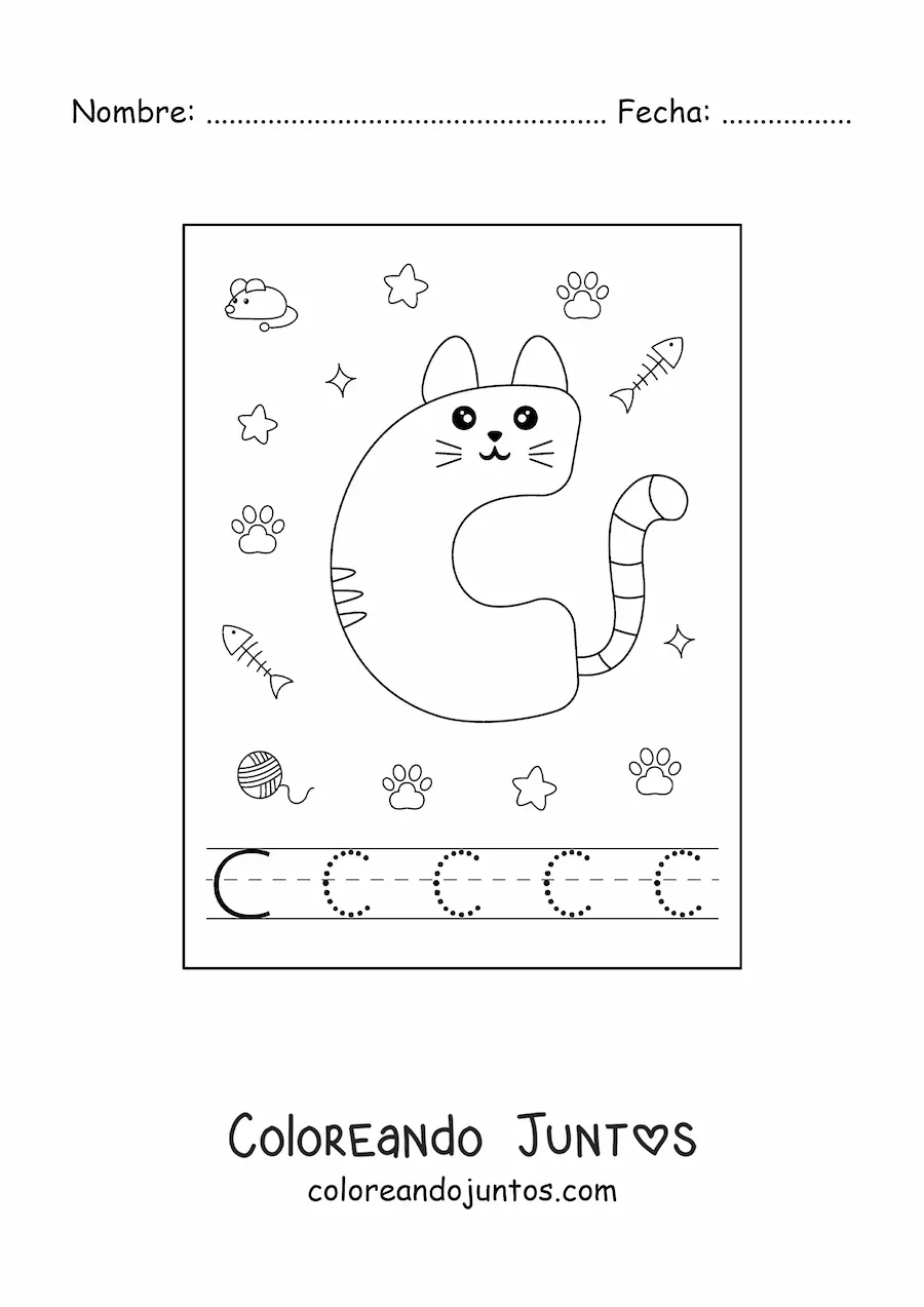 Imagen para colorear de la letra c animada con forma de gato
