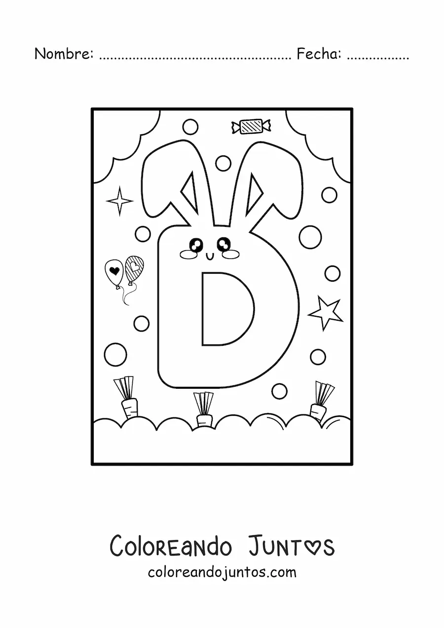 Imagen para colorear de letra d con forma de conejo kawaii animado