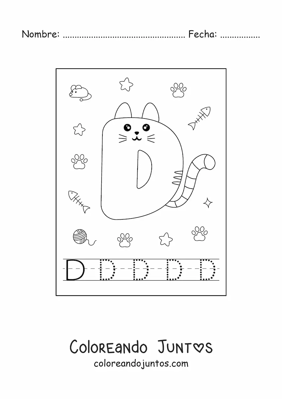 Imagen para colorear de la letra d animada con forma de gato