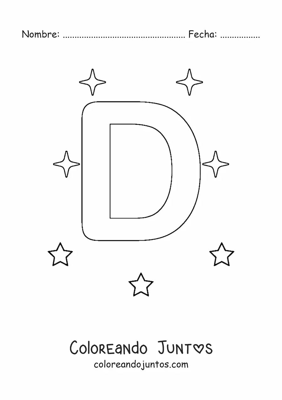 Imagen para colorear de letra d mayúscula con estrellas