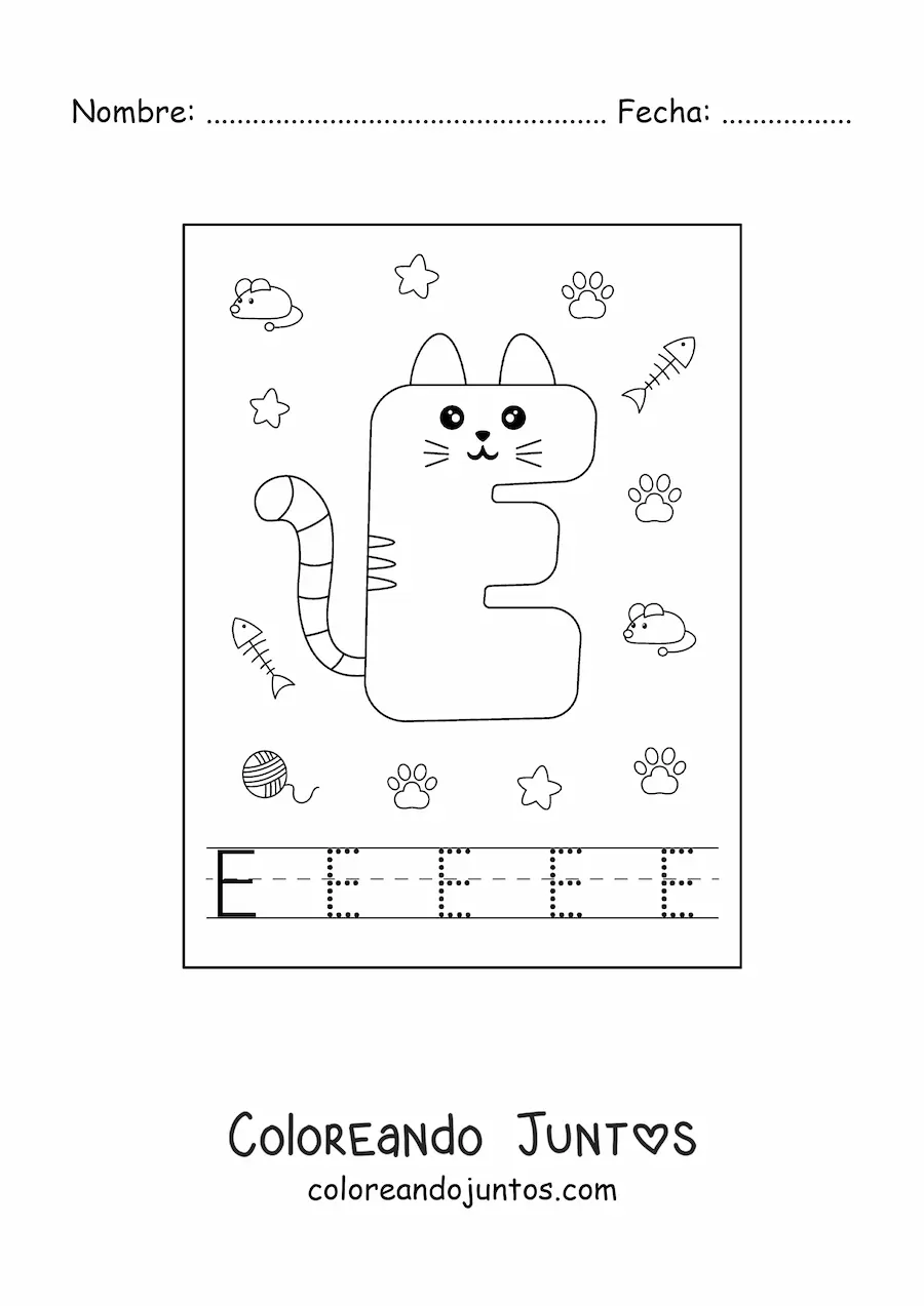 Imagen para colorear de la letra e animada con forma de gato