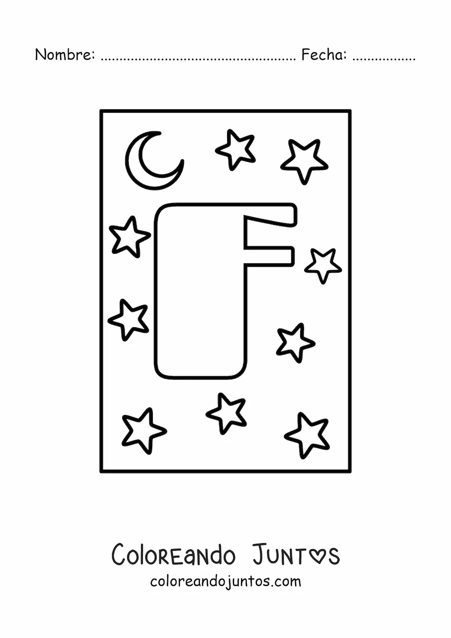 Imagen para colorear de letra f mayúscula con estrellas y una luna