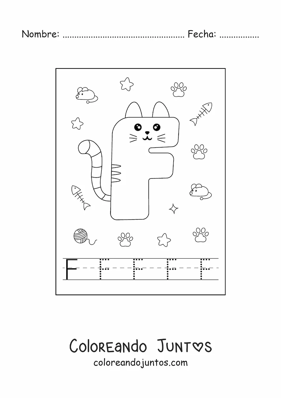 Imagen para colorear de la letra f animada con forma de gato