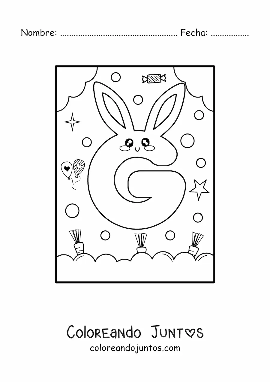 Imagen para colorear de letra g con forma de conejo kawaii animado