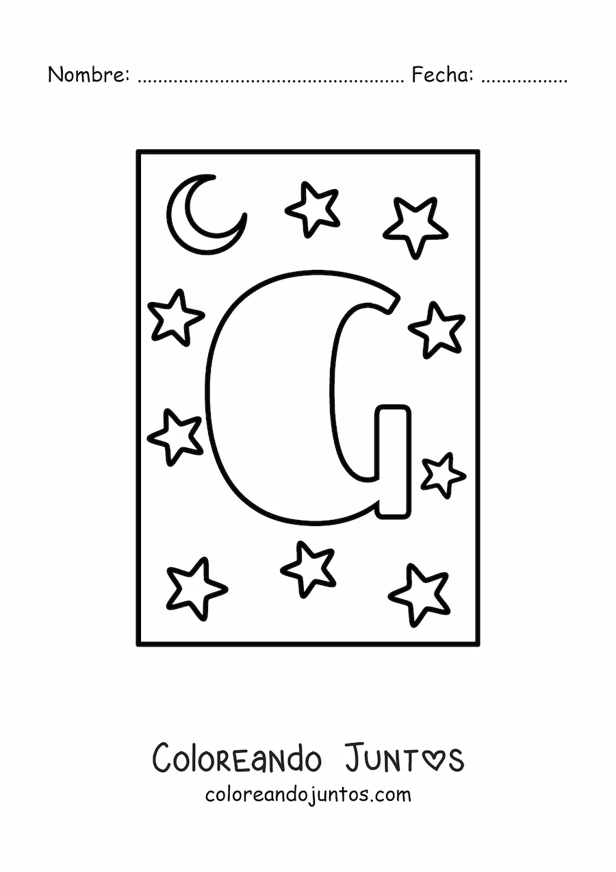 Imagen para colorear de letra g mayúscula con estrellas y una luna