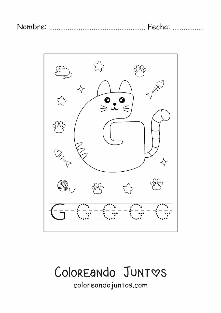 Imagen para colorear de la letra g animada con forma de gato