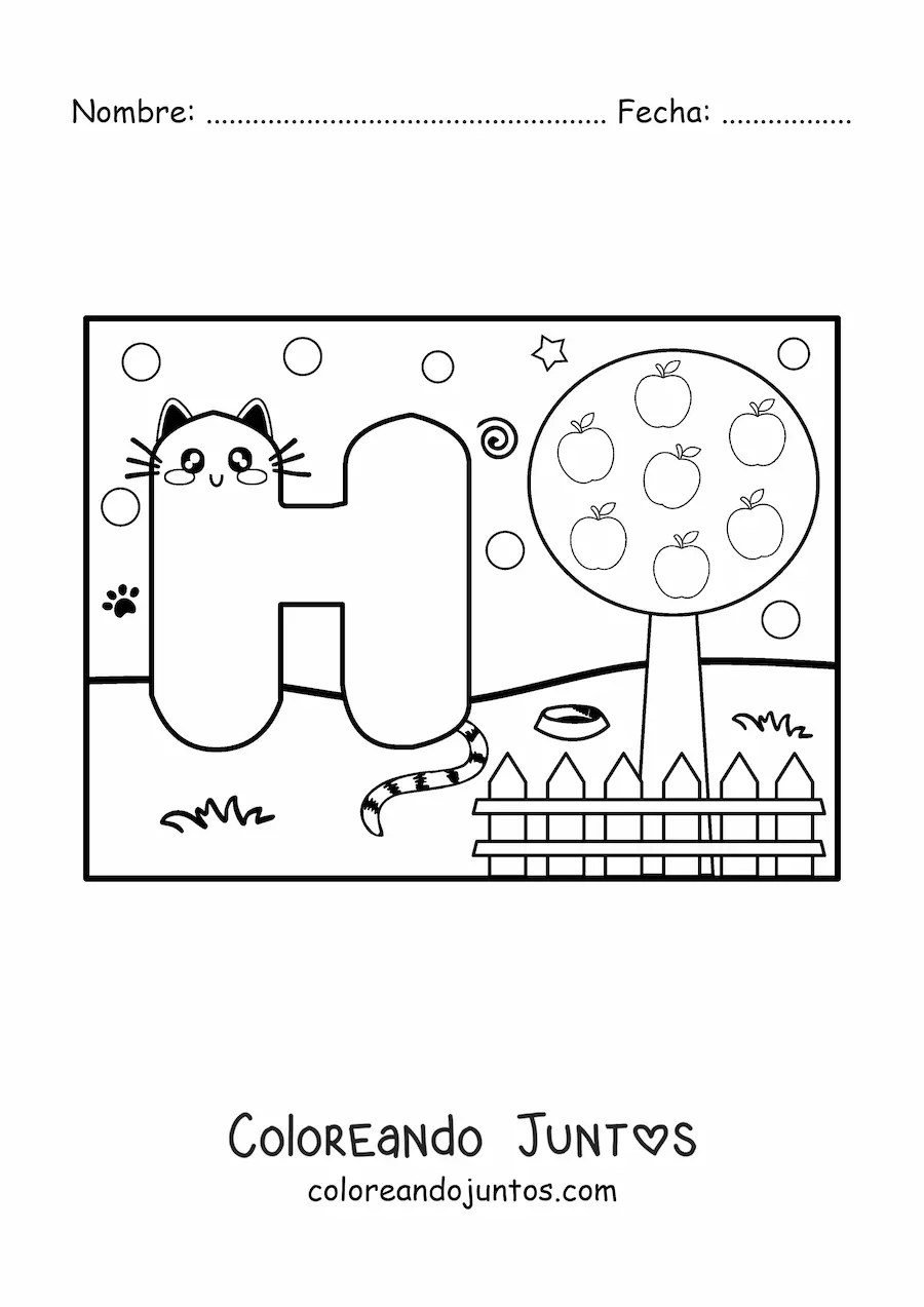 Imagen para colorear de la letra h animada con forma de gato en el parque