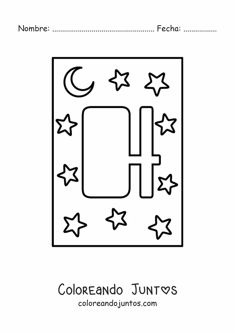 Imagen para colorear de letra h mayúscula con estrellas y una luna