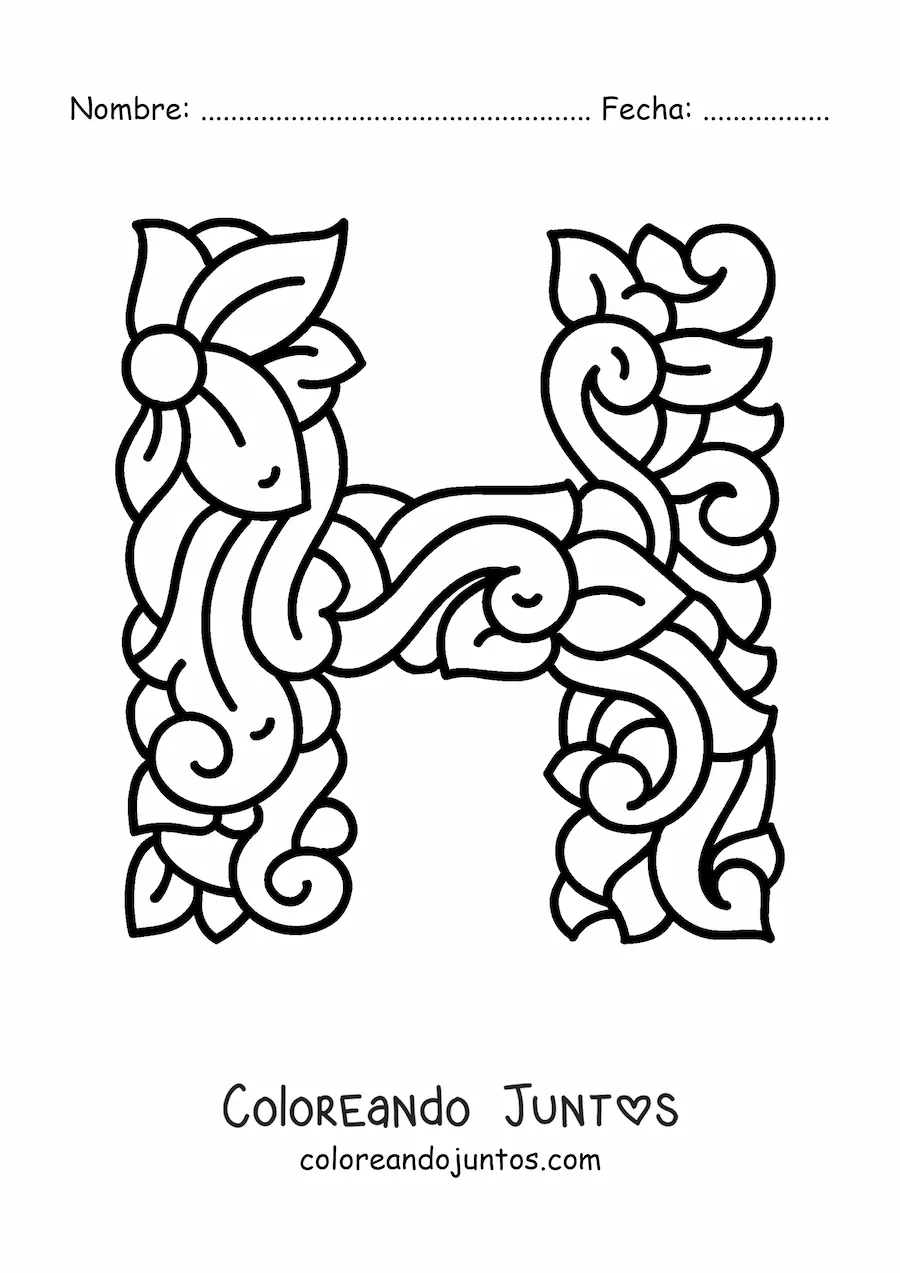 Imagen para colorear de letra h mayúscula decorada