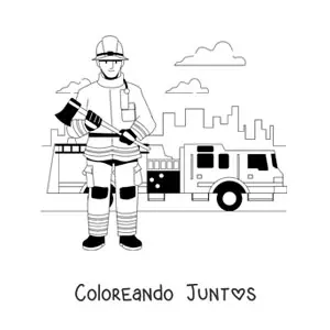 Imagen para colorear de un bombero en la ciudad junto a un camión