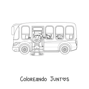 Imagen para colorear de alumnos animados en un autobús escolar