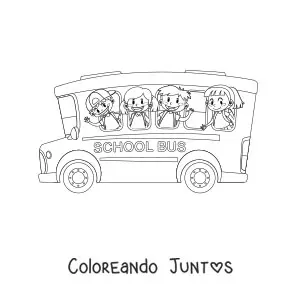 Imagen para colorear de cuatro alumnos saludando desde las ventanas de un autobús escolar