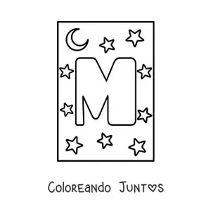 Imagen para colorear de letra m mayúscula con estrellas y una luna