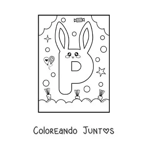 Imagen para colorear de letra p con forma de conejo kawaii animado