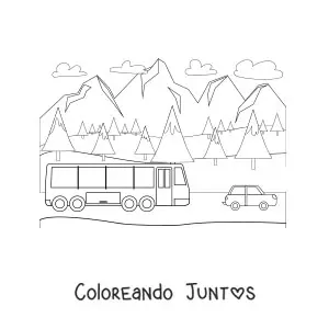 Imagen para colorear de un autobús de viaje transitando en la montaña