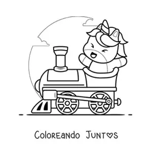 Imagen para colorear de un unicornio kawaii animado en un tren