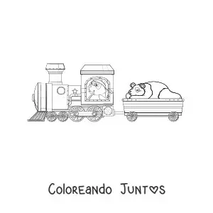 Imagen para colorear de dos pandas animados en un tren
