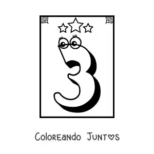 Imagen para colorear de ficha del número 3 animado para aprender a contar