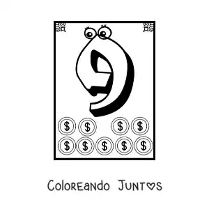 Imagen para colorear de ficha del número 9 animado para aprender a contar