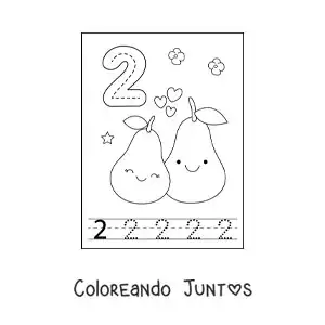 Imagen para colorear de tarjeta para aprender a trazar el número 2 y contar con frutas