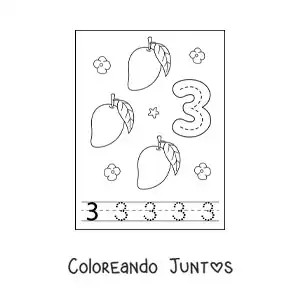 Imagen para colorear de tarjeta para aprender a trazar el número 3 y contar con frutas