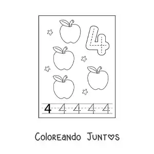 Imagen para colorear de tarjeta para aprender a trazar el número 4 y contar con frutas