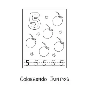 Imagen para colorear de tarjeta para aprender a trazar el número 5 y contar con frutas