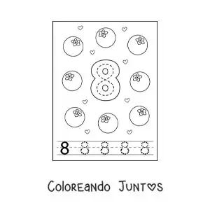 Imagen para colorear de tarjeta para aprender a trazar el número 8 y contar con frutas