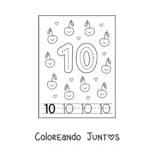 Imagen para colorear de tarjeta para aprender a trazar el número 10 y contar con frutas