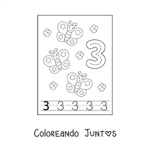 Imagen para colorear de actividad para trazar el número 3 y contar con dibujos animados